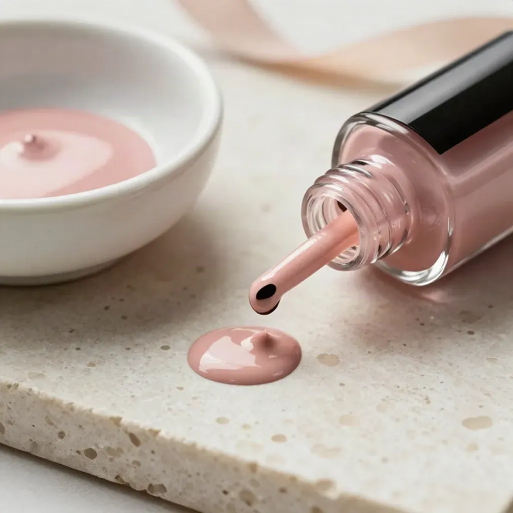 Roséfarbener Nagellack mit offenem Flakon, Pinsel und frischem Teststreifen auf Steinplatte.