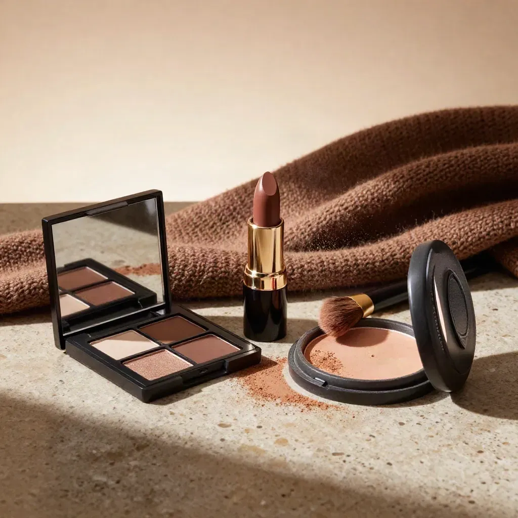 Braunton-Make-up mit Lidschatten, Lippenstift, Bronzer und Pinselspur im Licht.