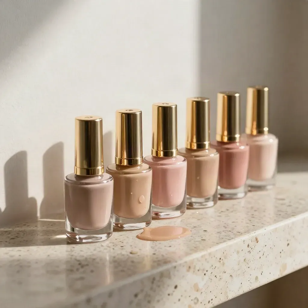 Nagellack-Fläschchen in Nude, Sand und Rosé auf einer Steinbank mit goldenem Akzent.