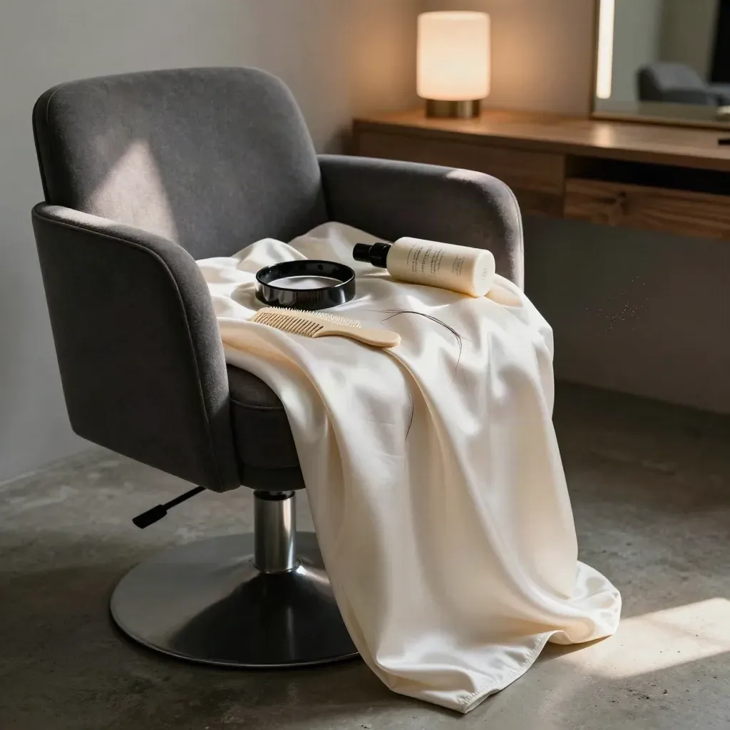 Satin-Kissenbezug, Kamm, Leave-in und Glanz-Haarband auf einem Stuhlarm im warmen Salonlicht.