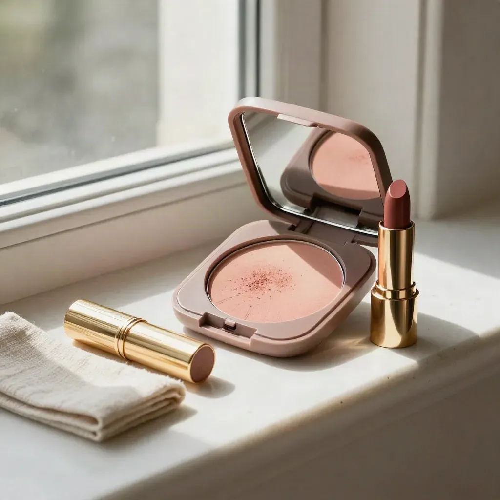 Rosé-, Taupe- und Gold-Make-up auf Steinfensterbank mit Leinen und Sonnenlicht.